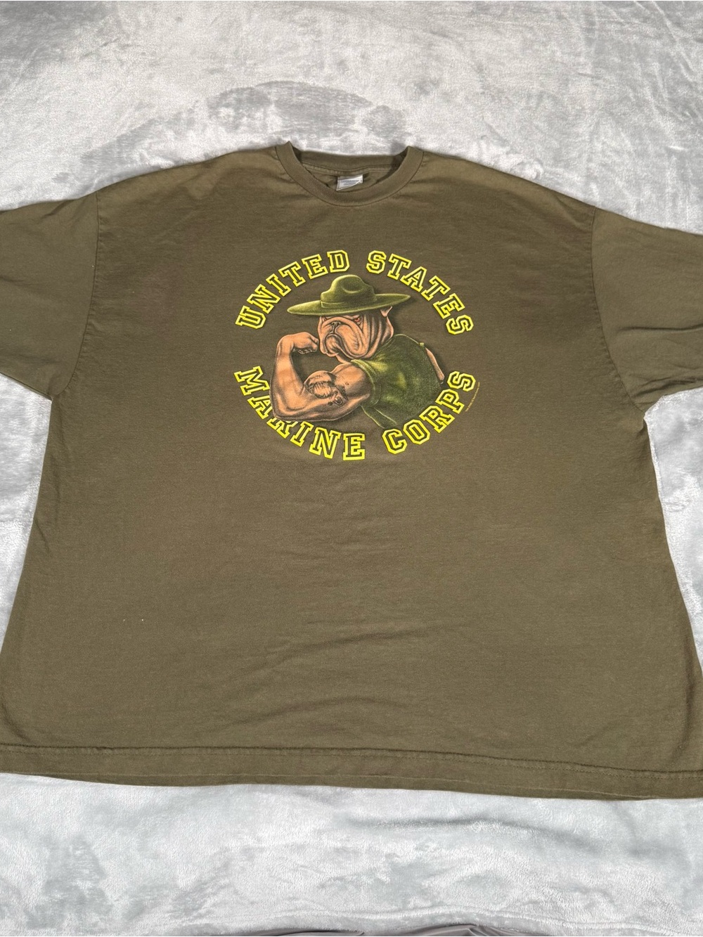Vintage United States Marine Corps Bulldog T Shirt Mens 3XL Slim Fit Faded Green